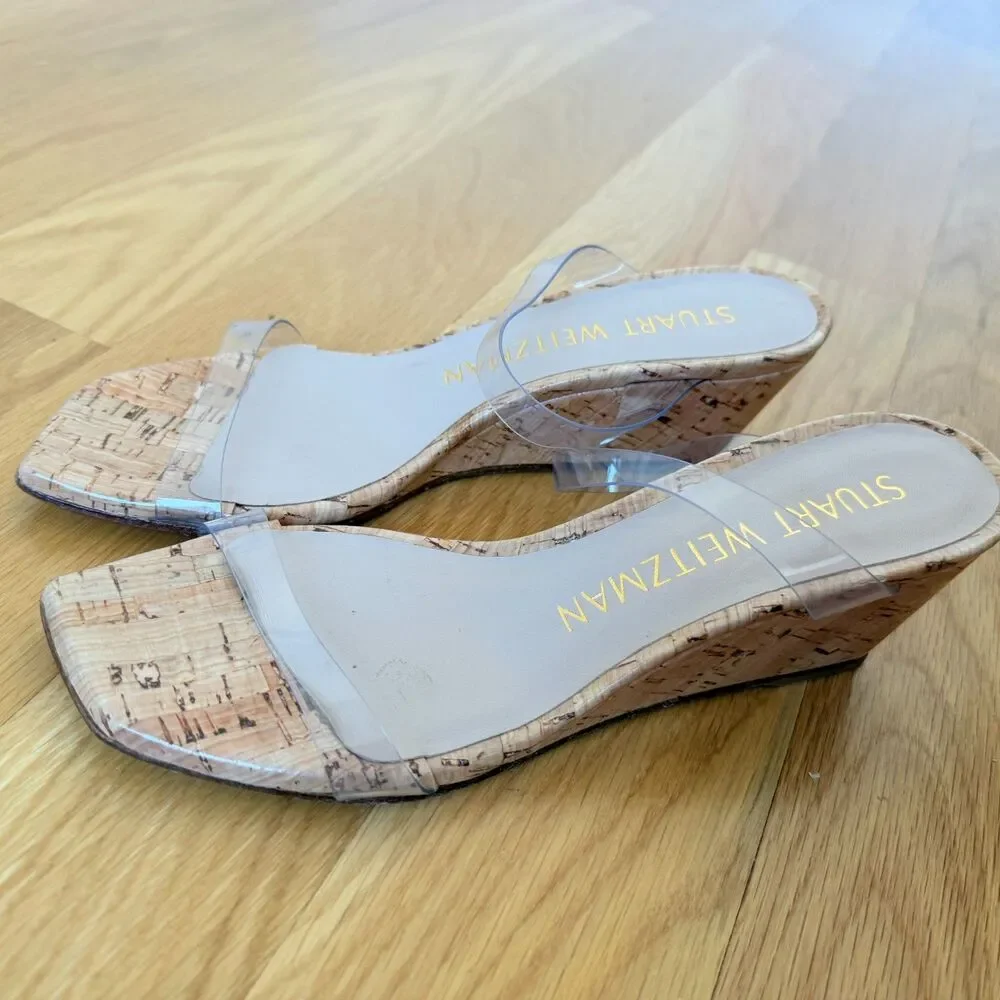 Stuart Weitzman Clear PVC Strap Cork Wedge Sandals - Picture 5 of 7